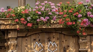 A wooden fence with carved animal figures and a flower box with various flowers. - Alpinium (Fiss)