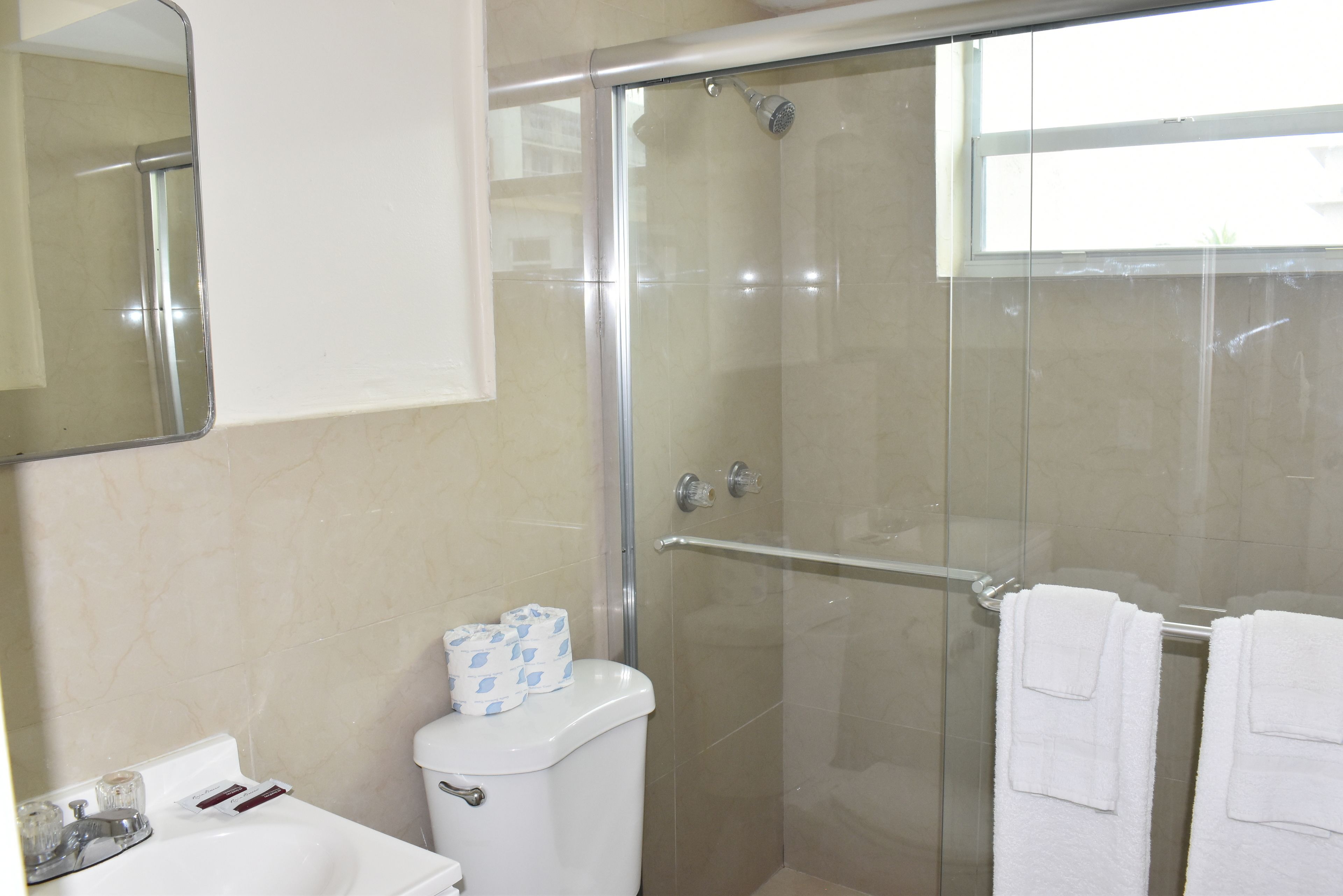Un baño con ducha de vidrio, inodoro, lavamanos y espejo.