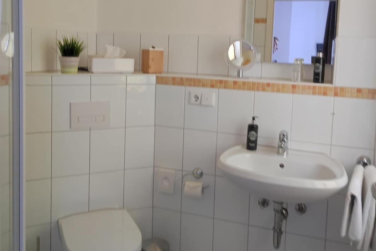 A bathroom with a toilet, bidet, sink, and a mirror.