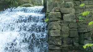 A stone wall adjacent to a flowing waterfall. - Haus am Wasserfall (Detmold)