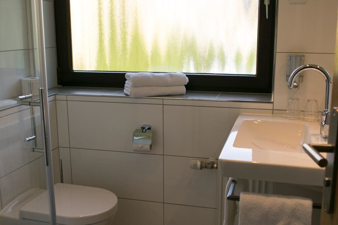 Ein Badezimmer mit Toilette, Waschbecken und einem Fenster mit Blick auf Grünflächen.