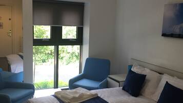 A hotel room with a bed, two blue chairs, a desk, and a window with a view of greenery.
