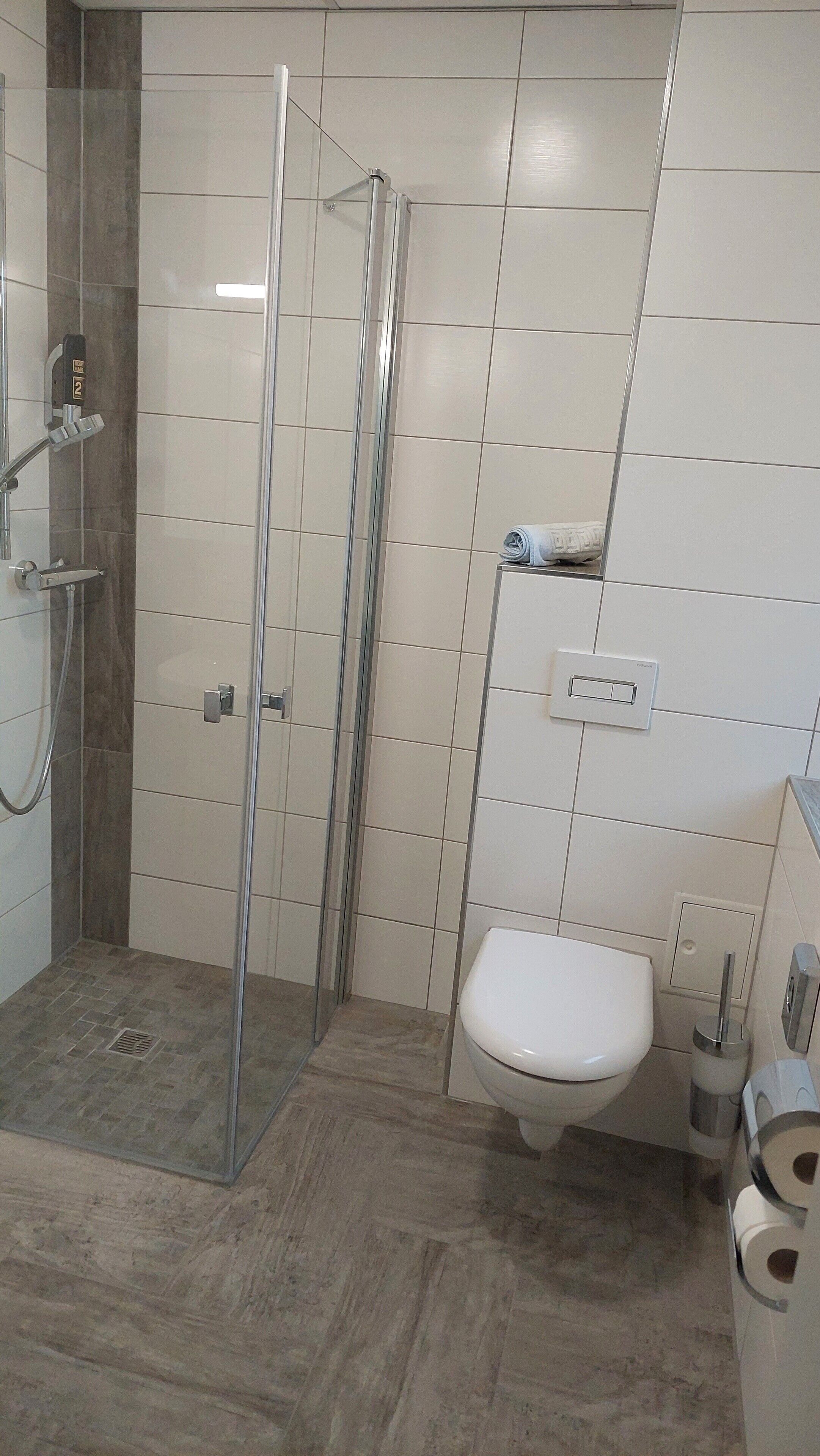 A modern bathroom with a glass shower enclosure, a toilet, and a bidet.