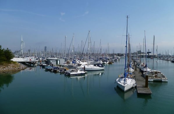 A marina with numerous boats docked, a pier, and a city skyline in the background.