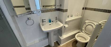 Baño con lavabo, espejo, inodoro y ducha.