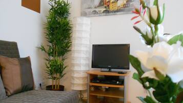 Studio, 1 tweepersoonsbed met slaapbank, balkon (incl. EUR 25 cleaning fee) | Woonruimte | Een 32-inch flatscreentelevisie met kabelzenders en televisie