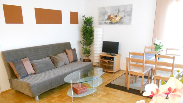 A living room with a sofa, a glass coffee table, a TV stand, a dining table with chairs, and a potted plant. - Hofgarten (Regensburg)