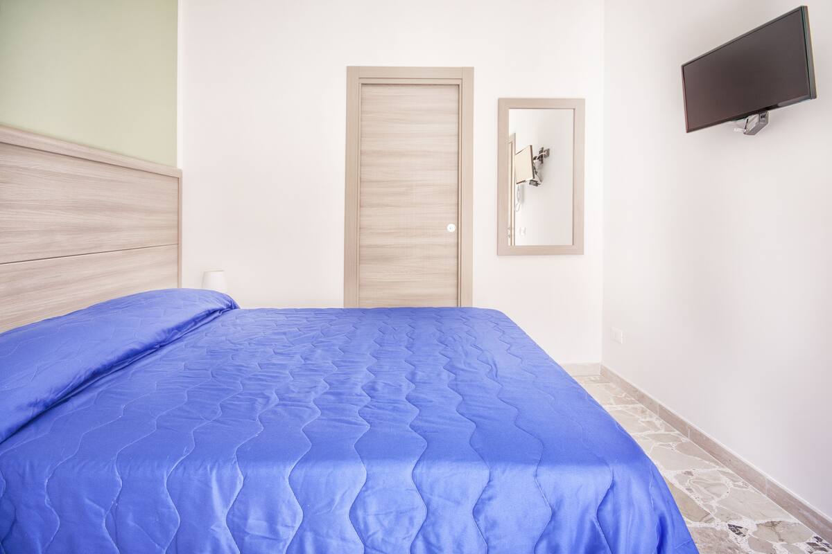 Une chambre à coucher avec un lit, une porte en bois, un téléviseur fixé au mur et un miroir.