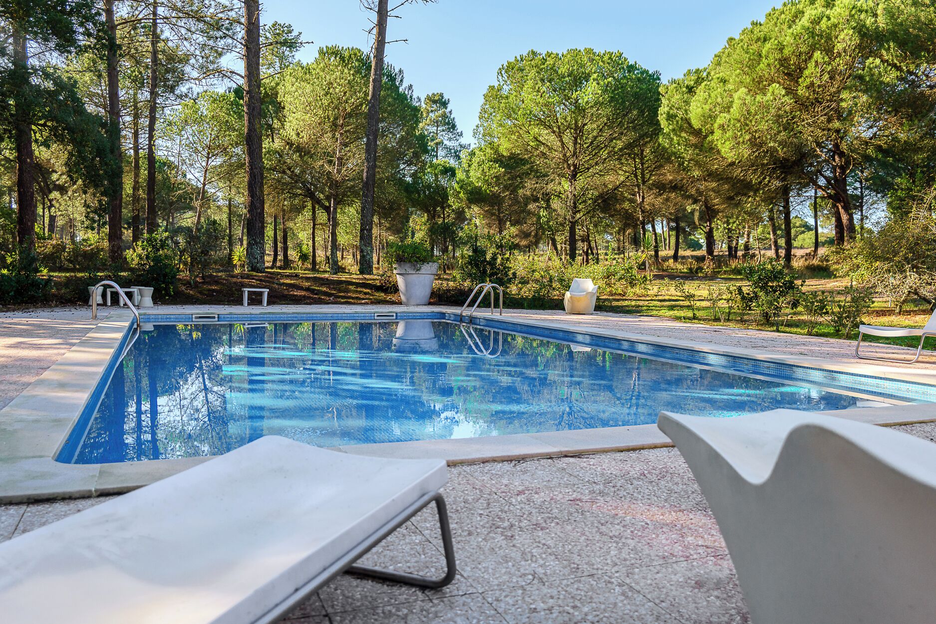 A rectangular swimming pool with a tiled edge, surrounded by a concrete deck. There are two white lounge chairs and a white outdoor chair near the pool.