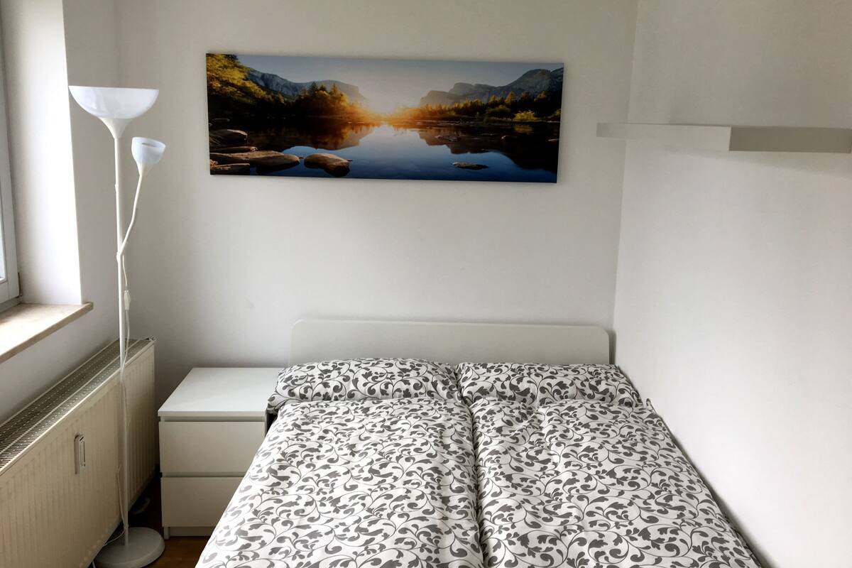 A bedroom with a bed, a nightstand, a lamp, and a wall-mounted picture of a lake.