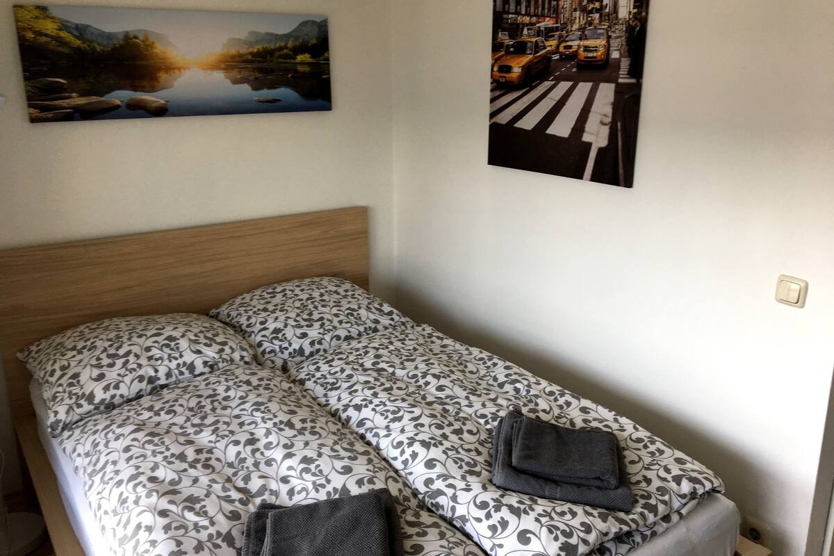 A small, single-bed room with patterned bedding, a wooden headboard, and two wall-mounted pictures depicting a natural landscape and a city street.