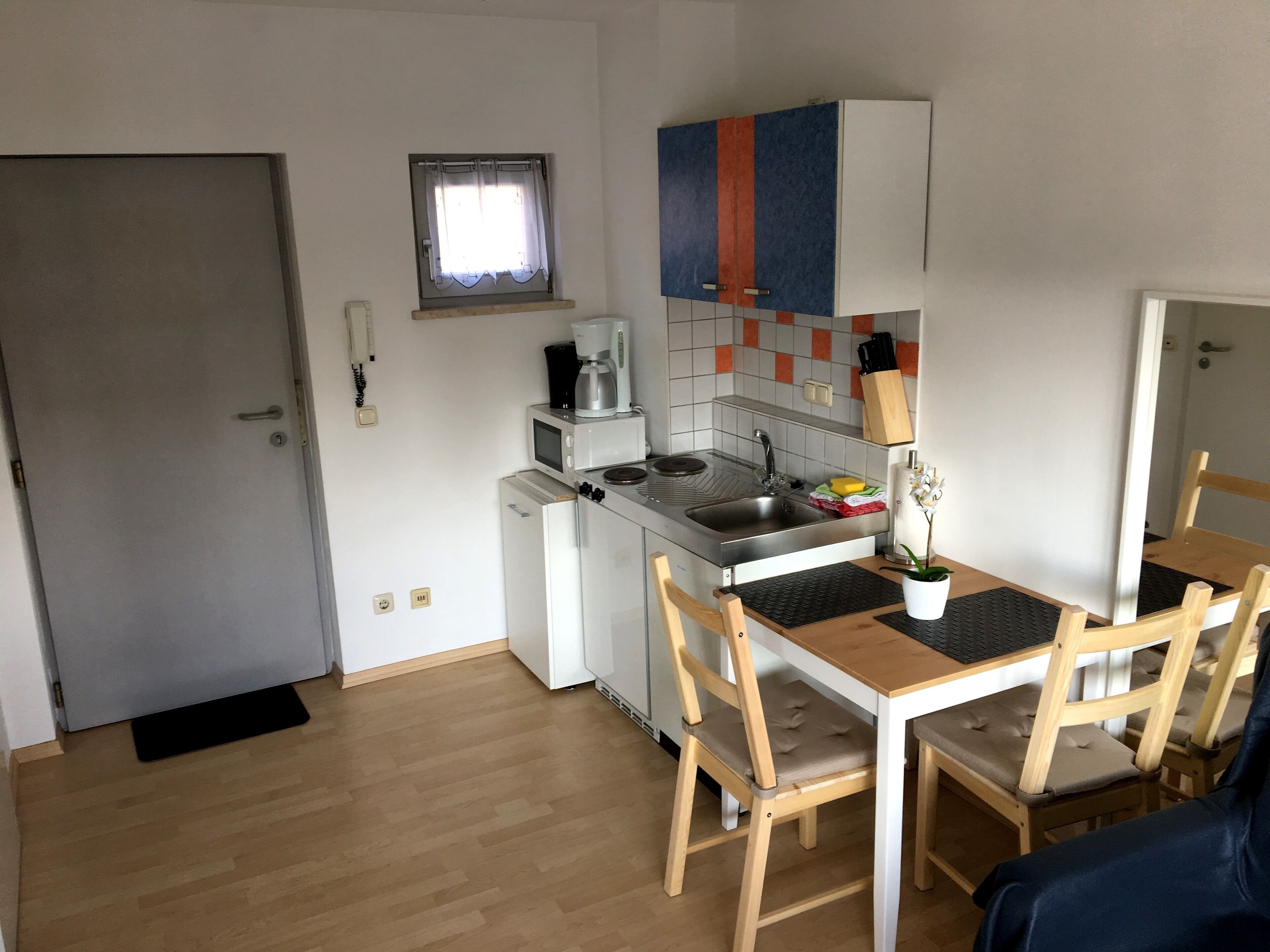 Une cuisine compacte équipée d’un réfrigérateur, d’un four à micro-ondes, d’un évier et d’une petite fenêtre. On y trouve une table à manger avec des chaises et une plante en pot.