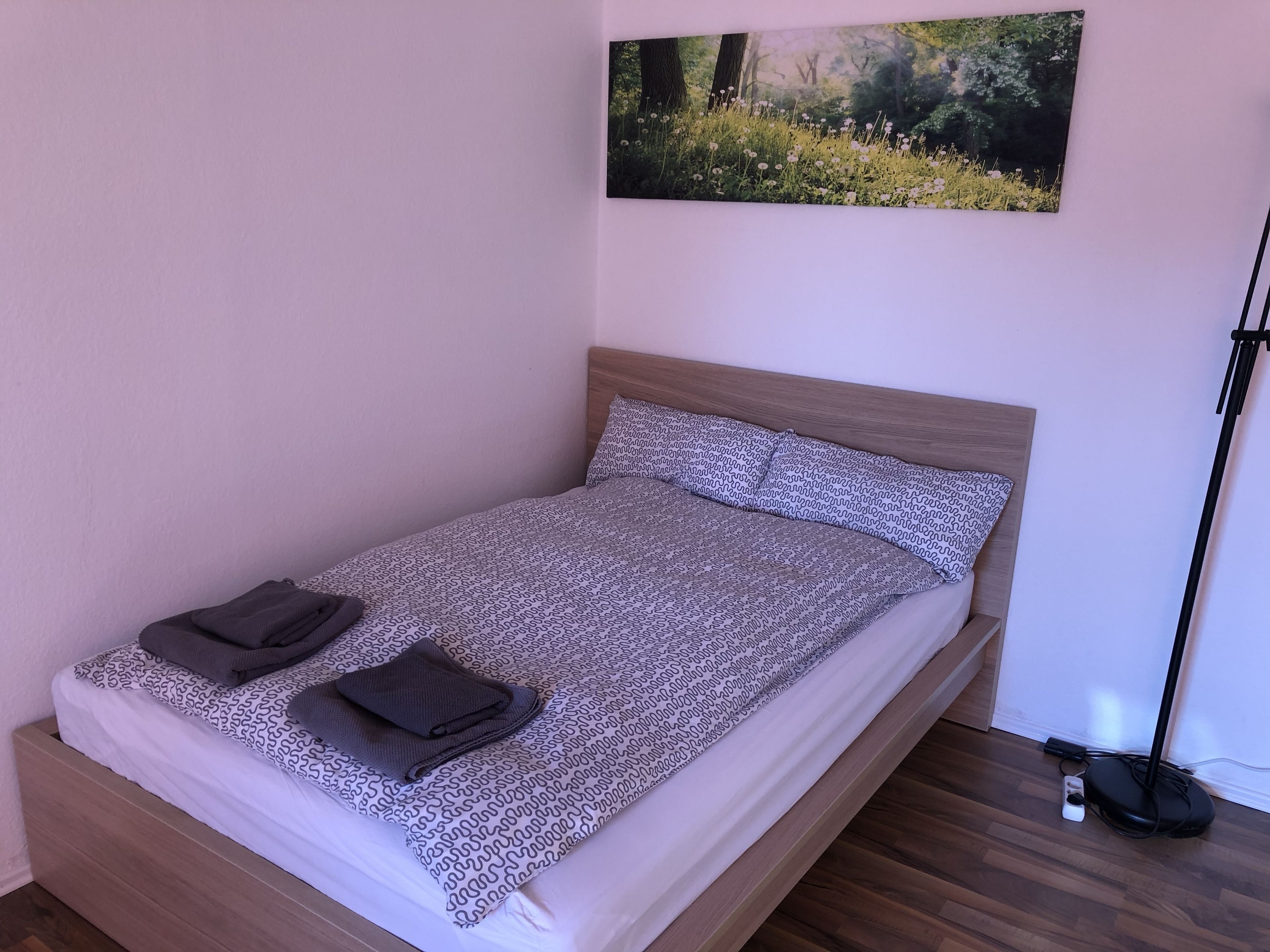 A single bed with patterned bedding, a headboard, and a wall-mounted picture of a forest scene.