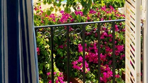 A balcony with a view of a pool, lush greenery, and a clear sky. - VILLA LOS REMOS SEAVIEW (Mojácar)