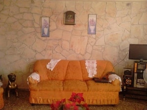 A living room with a stone wall, a sofa, a television, and a small table with a radio. - Casa Villa Magui (Havana)