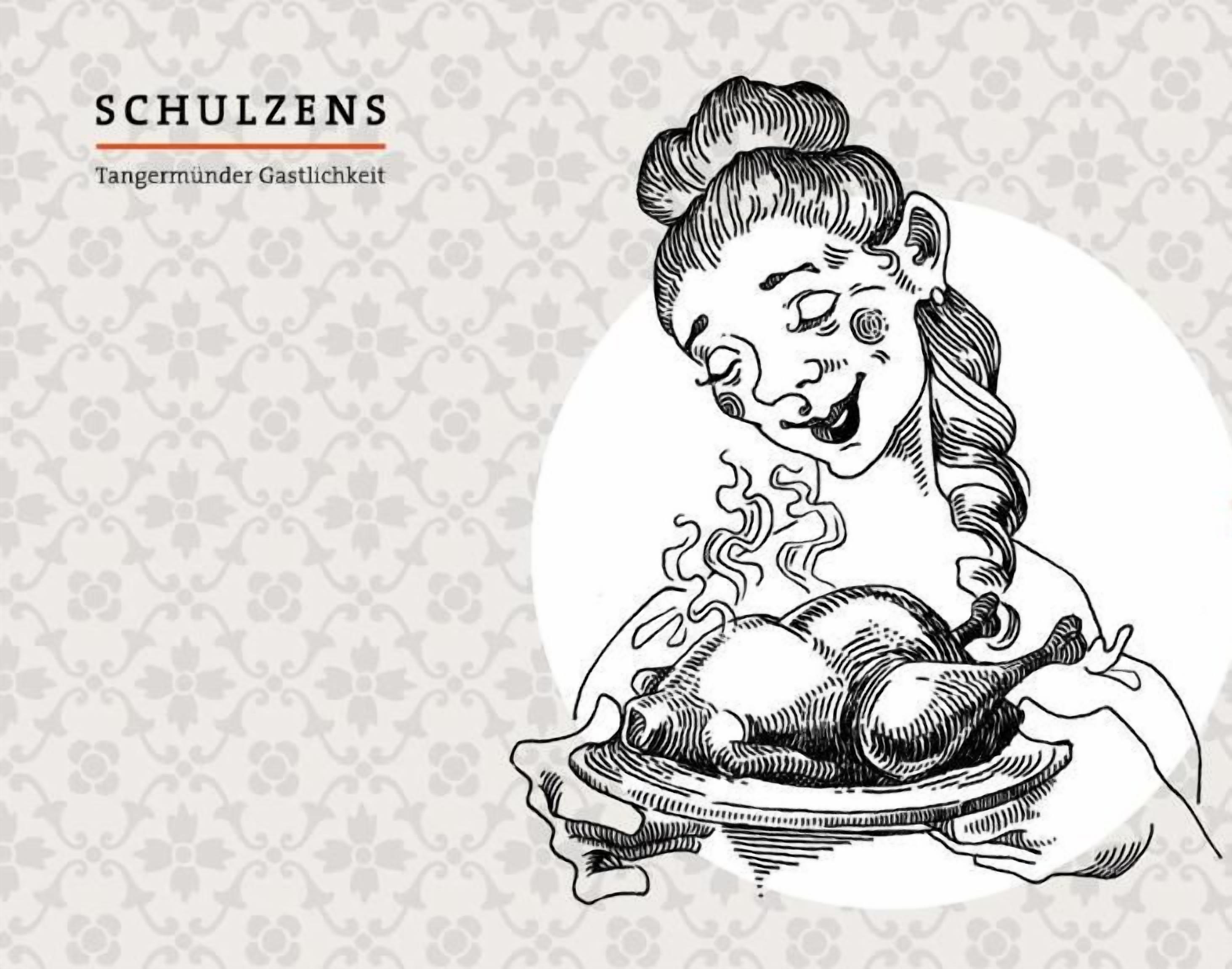 A vintage illustration of a woman holding a roasted chicken, with text indicating 'SCHULZENS' and 'Seit 2002 original bei SCHULZENS!'