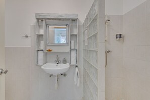 Shower, towels, soap, toilet paper