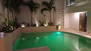 A swimming pool with a geometric wall design, surrounded by various plants and a door to the right. - Hotel Yaxactun (Progreso)