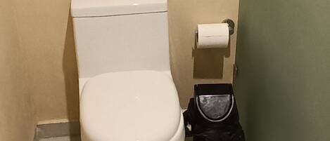 A small bathroom with a toilet, a trash bin, and a toilet paper holder on the wall.