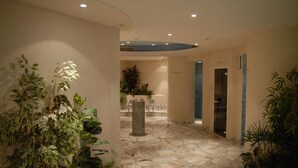 Een hotellobby met een marmeren vloer, potplanten, een receptiebalie en een muur betegeld met blauwe tegels.