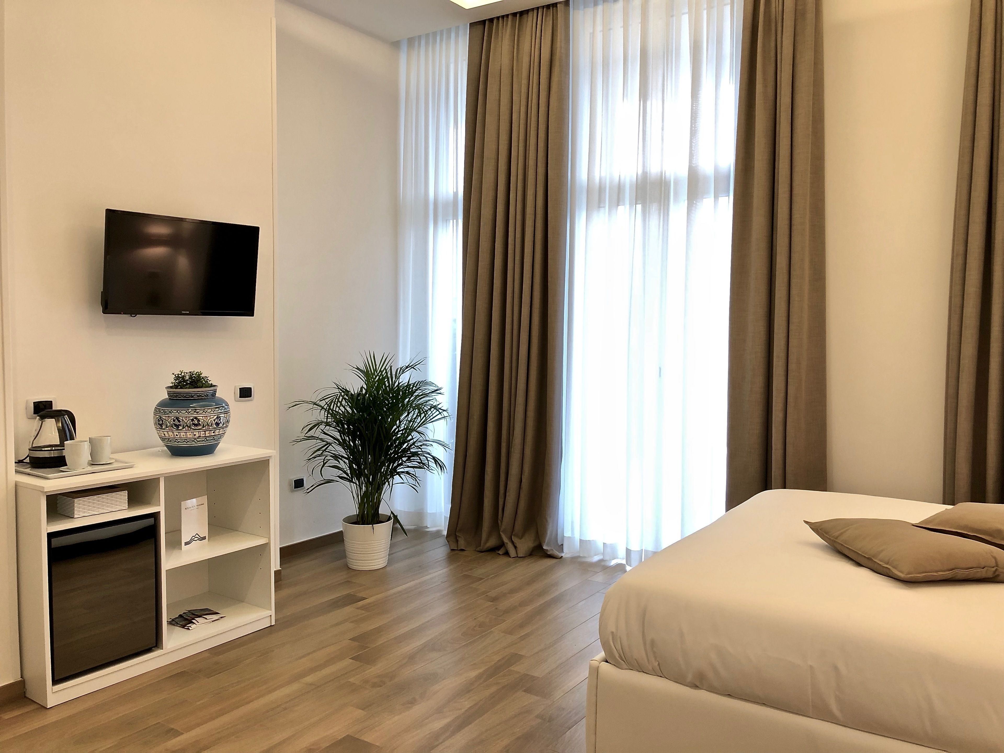 A hotel room with a bed, a TV, a plant, a coffee maker, and a shelf.