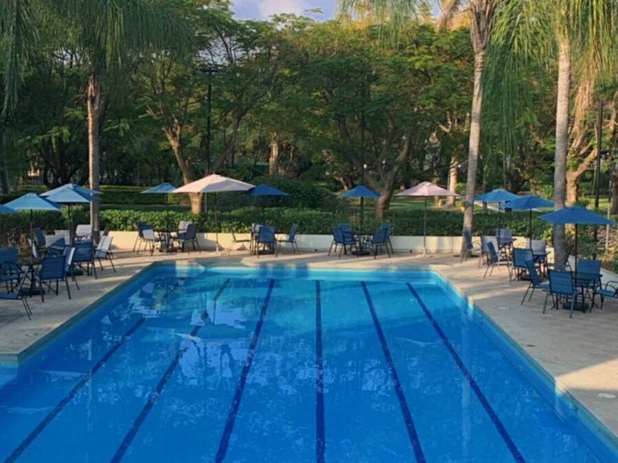 Una piscina al aire libre, sombrillas, tumbonas