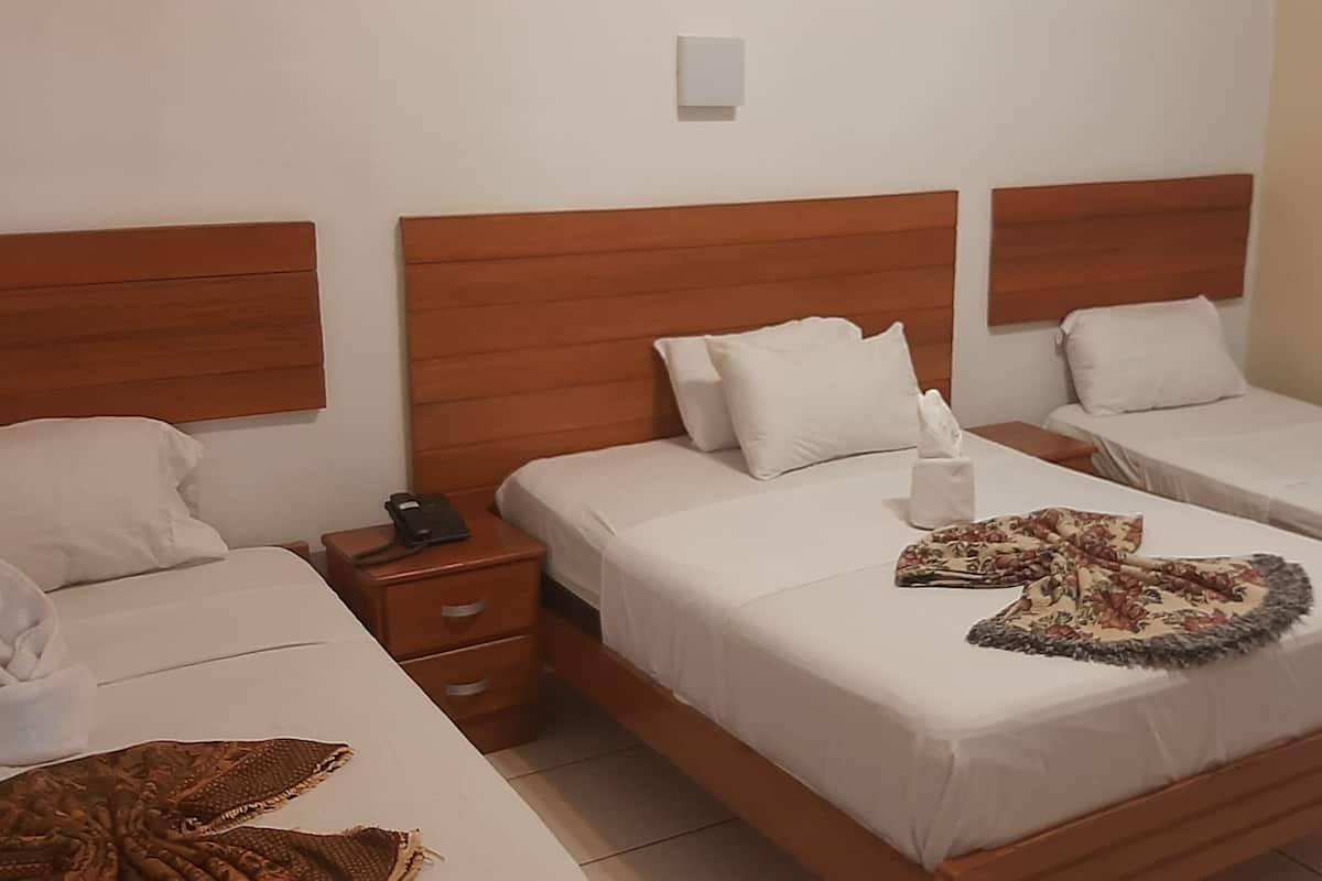 Une chambre d’hôtel avec trois lits simples, des têtes de lit en bois, du linge de lit blanc et une petite table de chevet avec un téléphone et une boîte de mouchoirs.