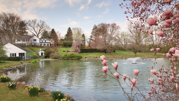 A serene pond with a fountain, surrounded by lush greenery and blooming flowers. - The Inn at Whitewing Farm (West Chester)