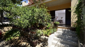 Stroll through the beautifully maintained garden, featuring a variety of potted plants and a small tree.