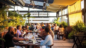 Un área de comedor al aire libre con mesas y sillas, rodeada de plantas en macetas y grandes ventanales.