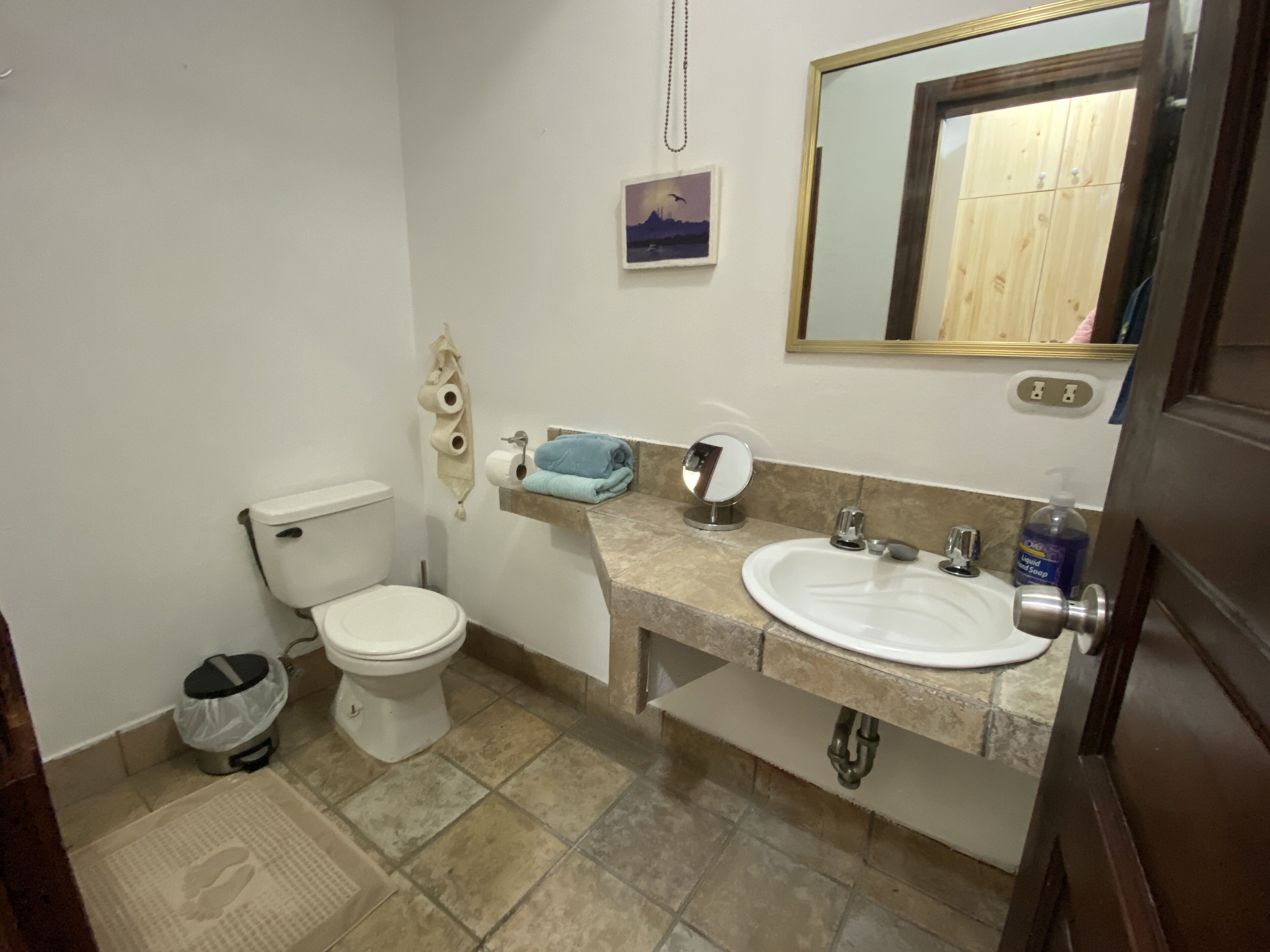 A bathroom with a toilet, sink, and mirror.
