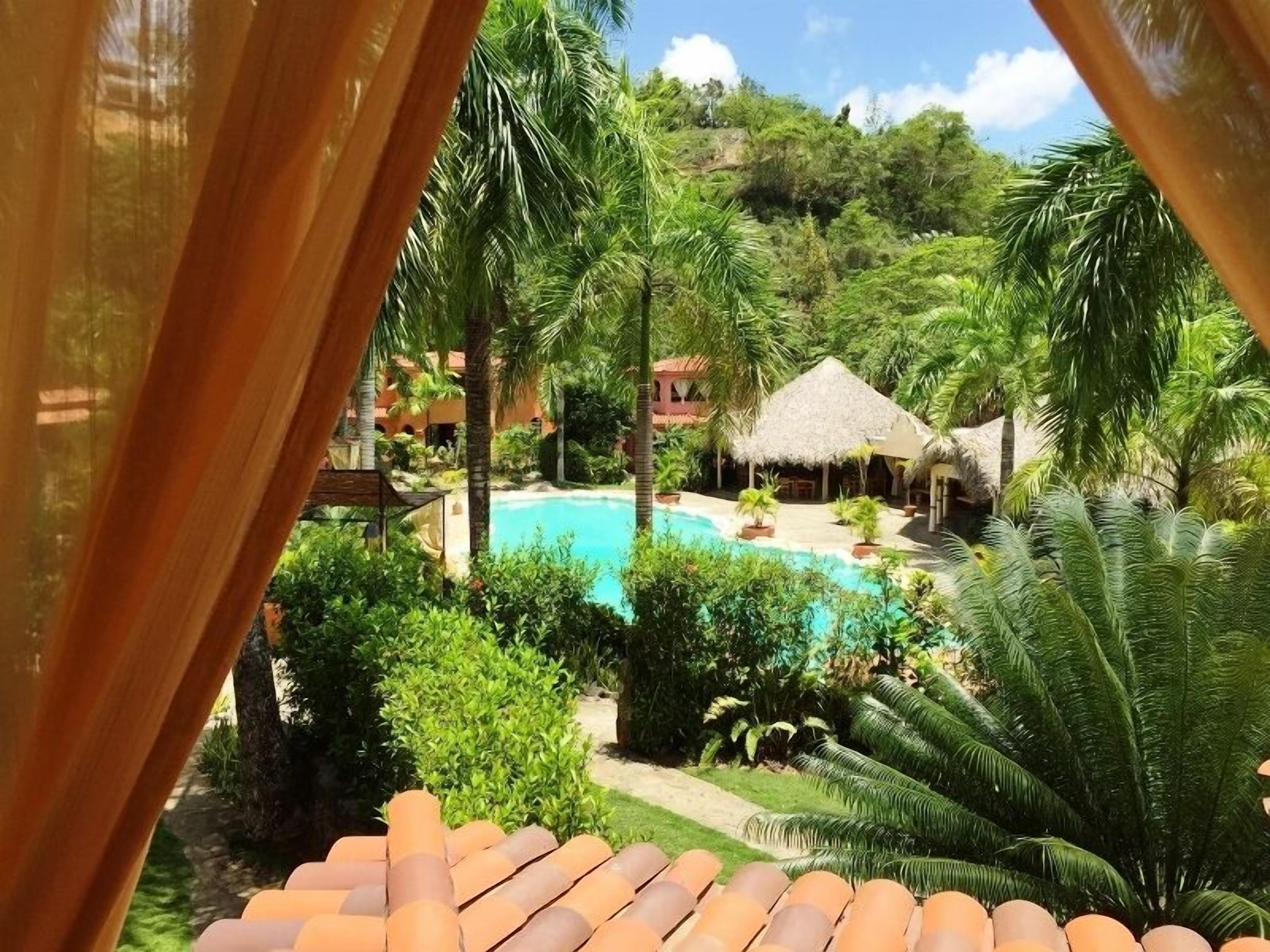 Una piscina rodeada de exuberante vegetación y una estructura con techo de paja.