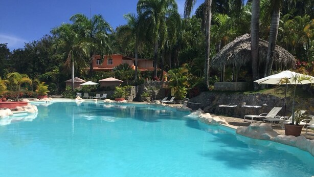 A clear blue pool surrounded by rocks and palm trees, with lounge chairs and umbrellas. - Madrugada Residencial (Las Terrenas)