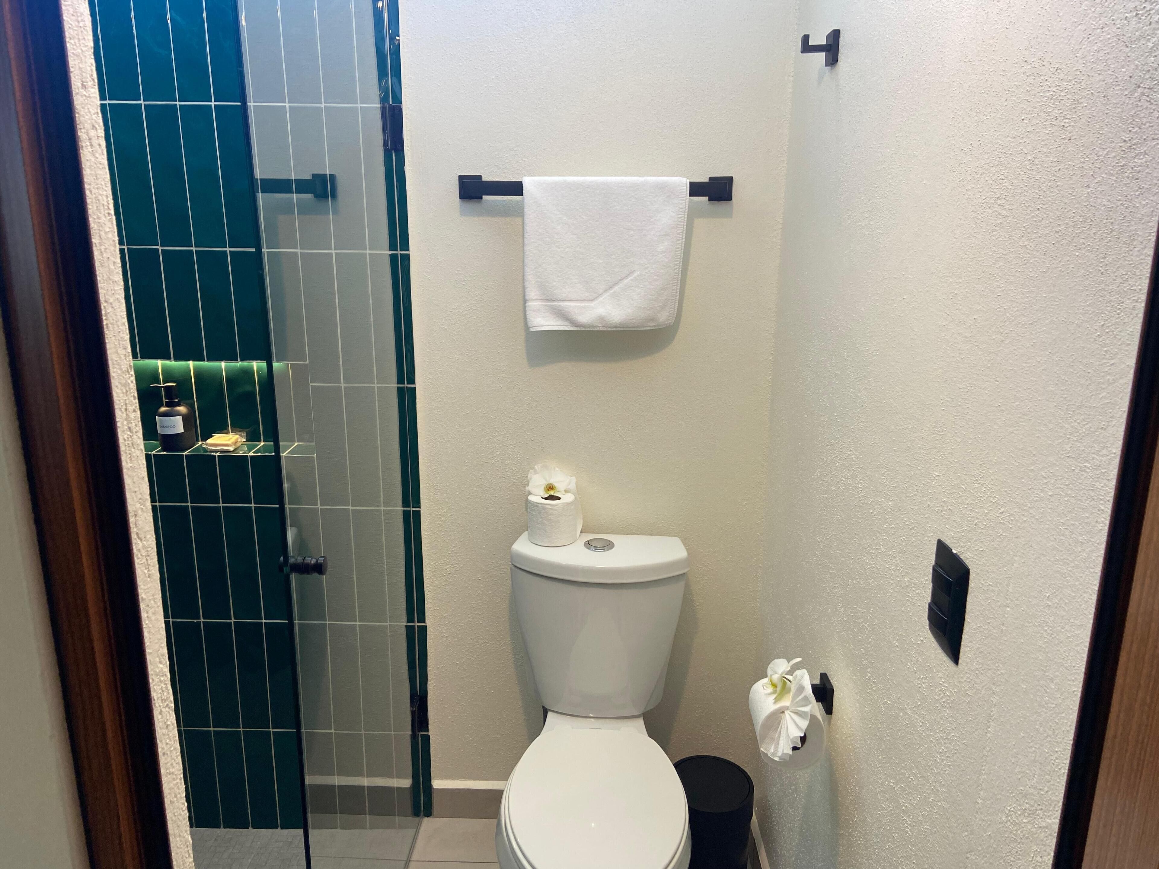 Une salle de bain avec des toilettes blanches, une douche à parois de verre et un porte-serviettes.