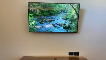 A flat-screen TV mounted on a wall displaying a natural landscape. Below the TV, there is a wooden dresser with two drawers and a remote control on top.