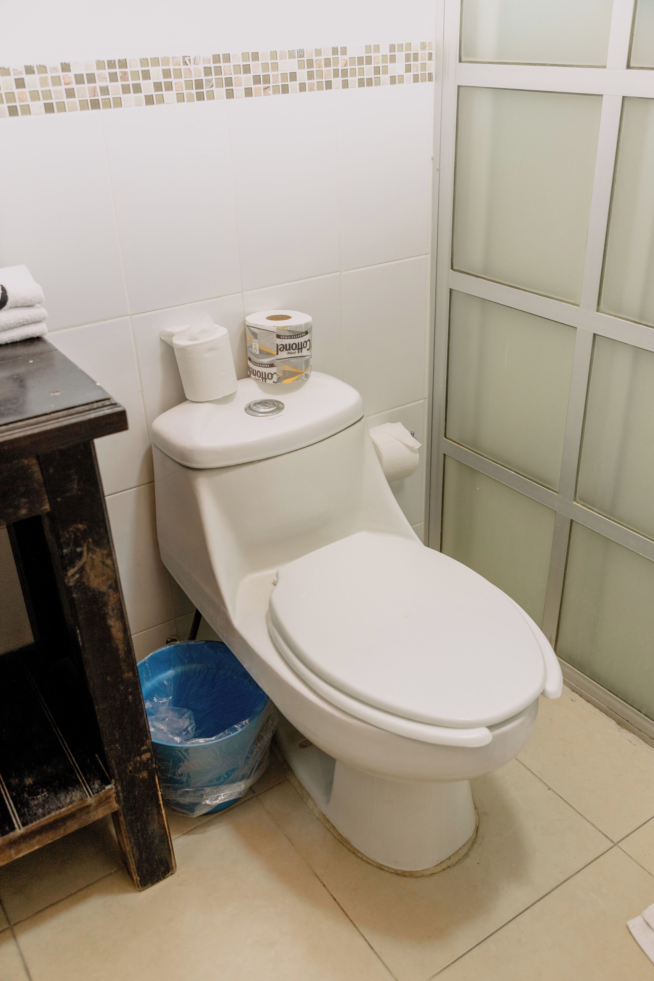 A bathroom with a toilet, a blue trash bin, and a roll of toilet paper on the wall.
