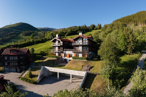 A large, two-story chalet with a stone bridge leading to the entrance, surrounded by lush greenery and hills.