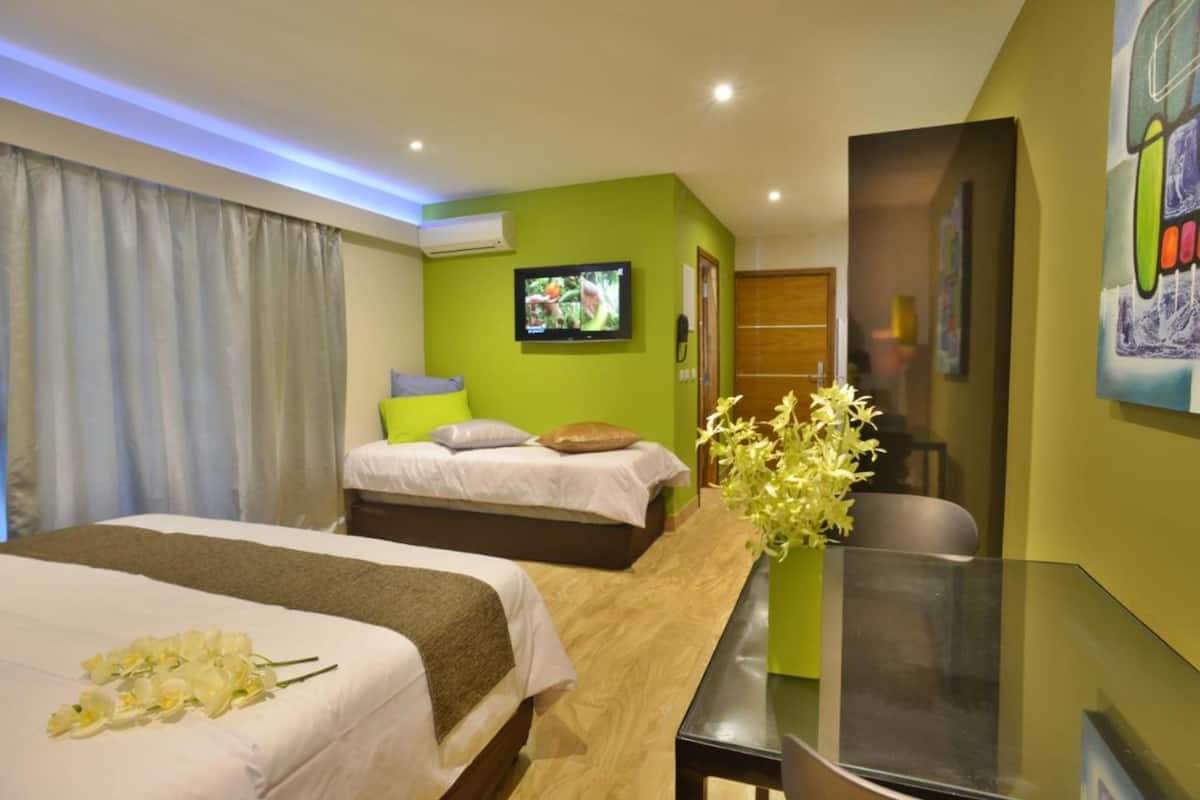 deluxe studio suite, accessible, garden view | living area | flat-screen tv
