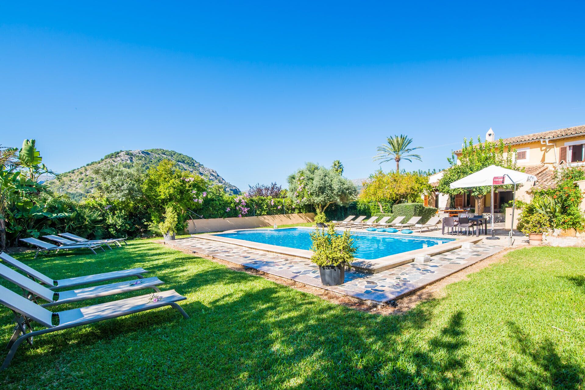 A swimming pool surrounded by a well-maintained lawn, with lounge chairs and a patio area.