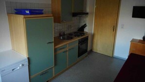 Een kleine keuken met een vaatwasser, fornuis en spoelbak.
