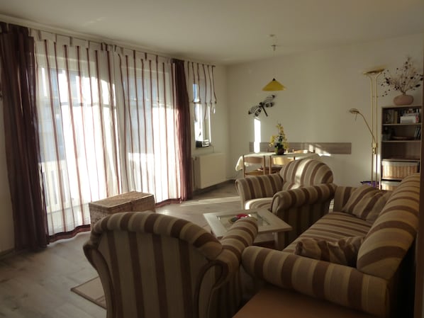 Flat-screen TV, DVD player, books, video library