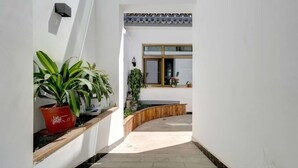 Un couloir étroit, avec des plantes en pot sur le côté gauche, un banc en bois au centre et une fenêtre donnant sur l’extérieur.
