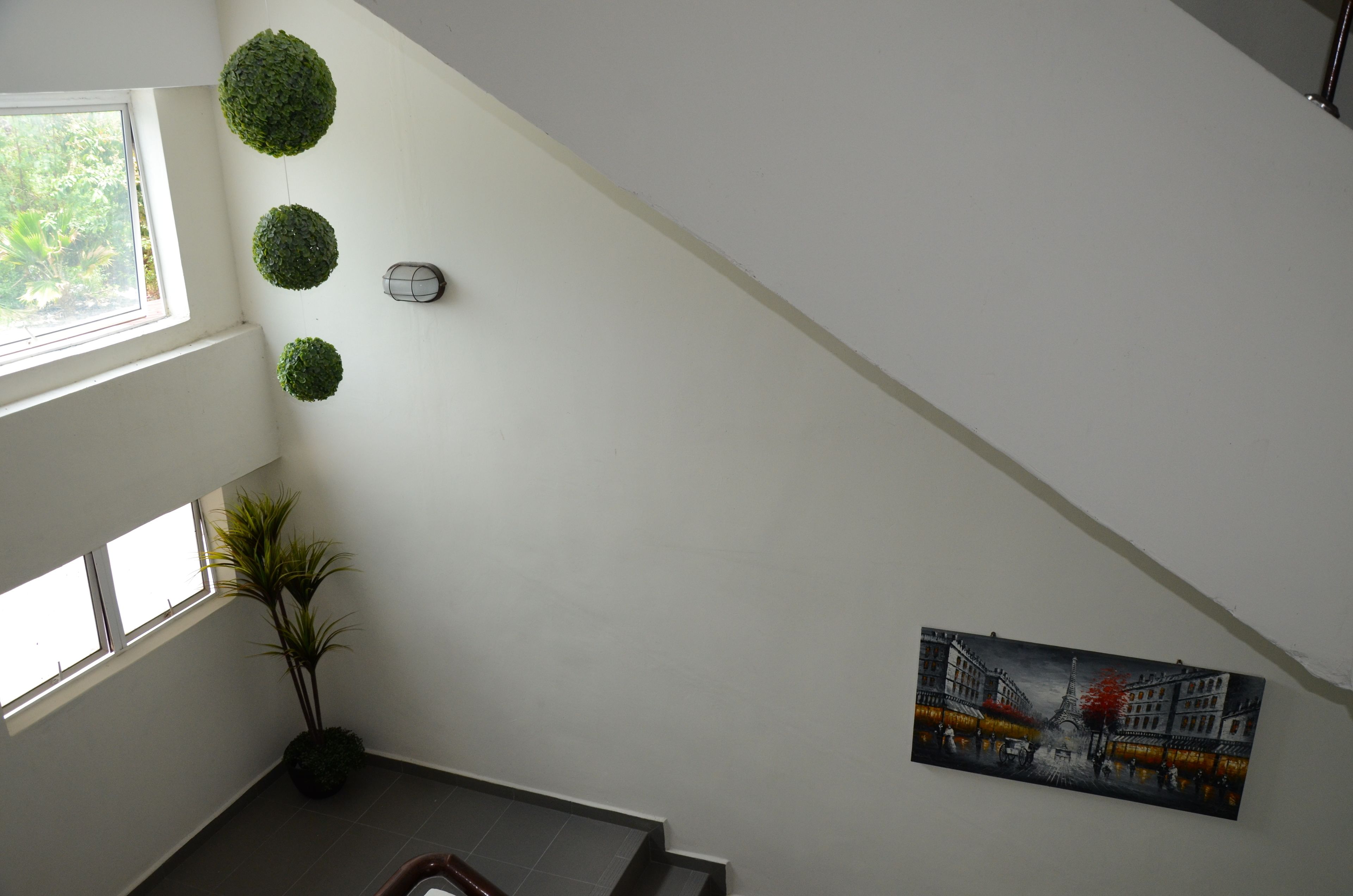 A staircase with a view of the outdoors, a potted plant, and a painting on the wall.