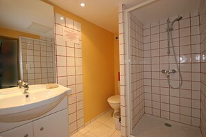 Une salle de bain équipée d’un lavabo, d’un miroir, de toilettes et d’une douche.