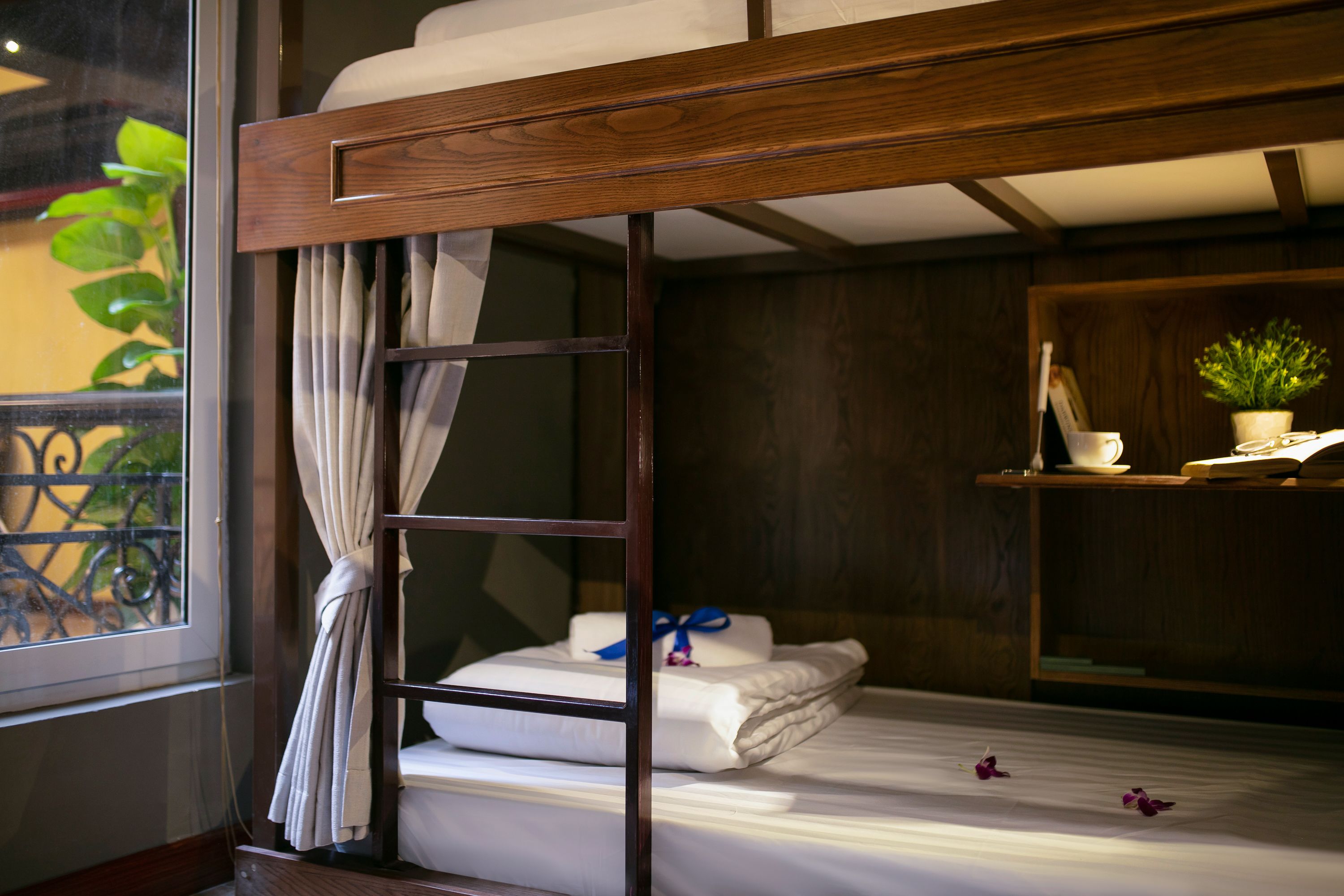 A bunk bed with a wooden frame, a white mattress, and a curtain. There is a small plant on a shelf and a window with a view of greenery.