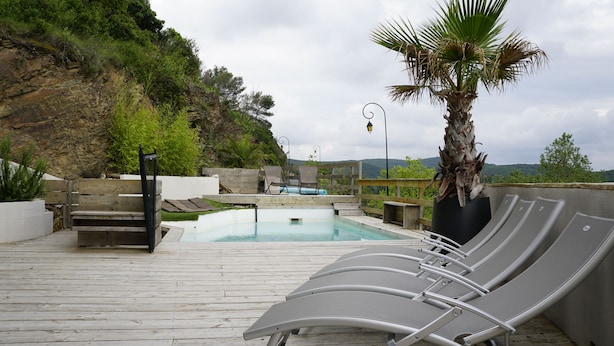 A rooftop pool with lounge chairs, a palm tree, and a view of the mountains.