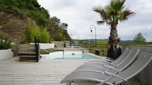 A rooftop pool with lounge chairs, a palm tree, and a view of the mountains. - Swimming pool Village House Rental Rivière Village Vacation rental 12 person (s) (Roquebrun)