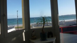 A room with a large window overlooking a beach and the sea. There is a potted plant on a small table.