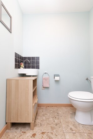 Shower, hair dryer, towels, shampoo