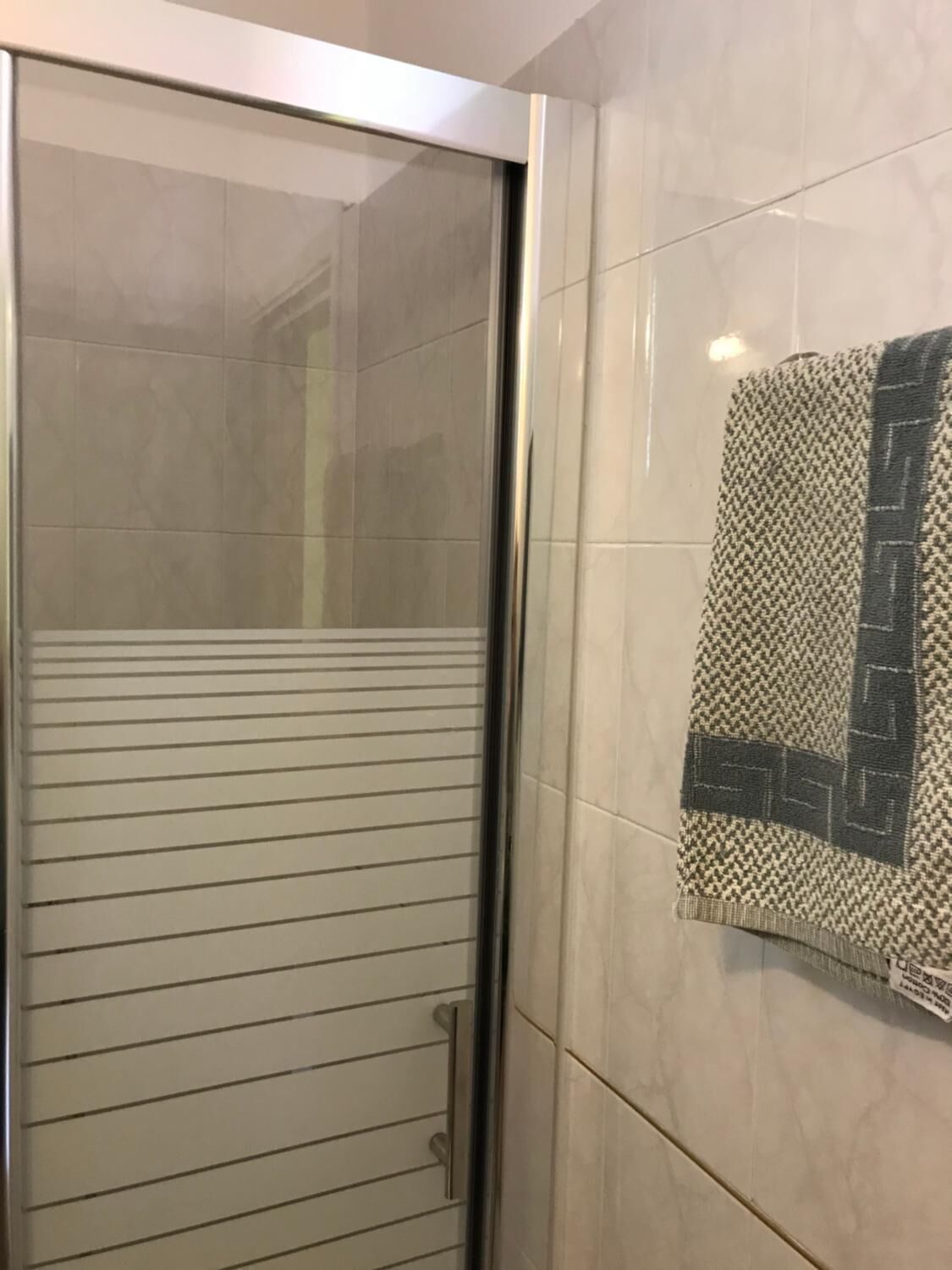 Un espace douche doté d’une porte en verre, de murs carrelés et d’une serviette à motifs accrochée au mur.
